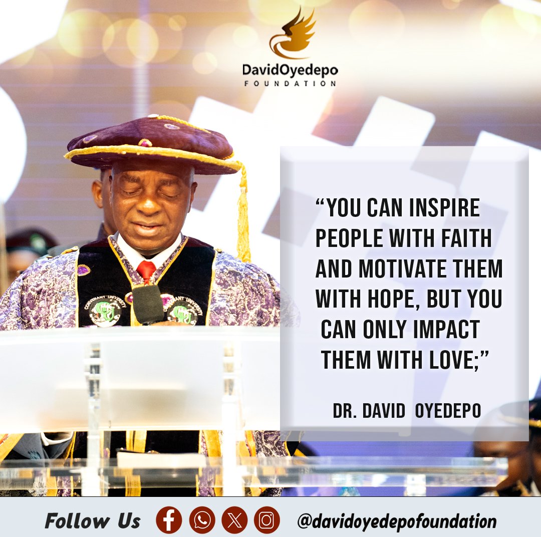 DavidOyedepoFdn's tweet photo. 1 John 3:18
"Dear children, let us not love with words or speech but with actions and in truth."
#covenantuniversity 
#landmarkuniversity 
#davidoyedepofoundation 
#DavidOyedepoMin 
#hebron https://t.co/7oq0nlRT28