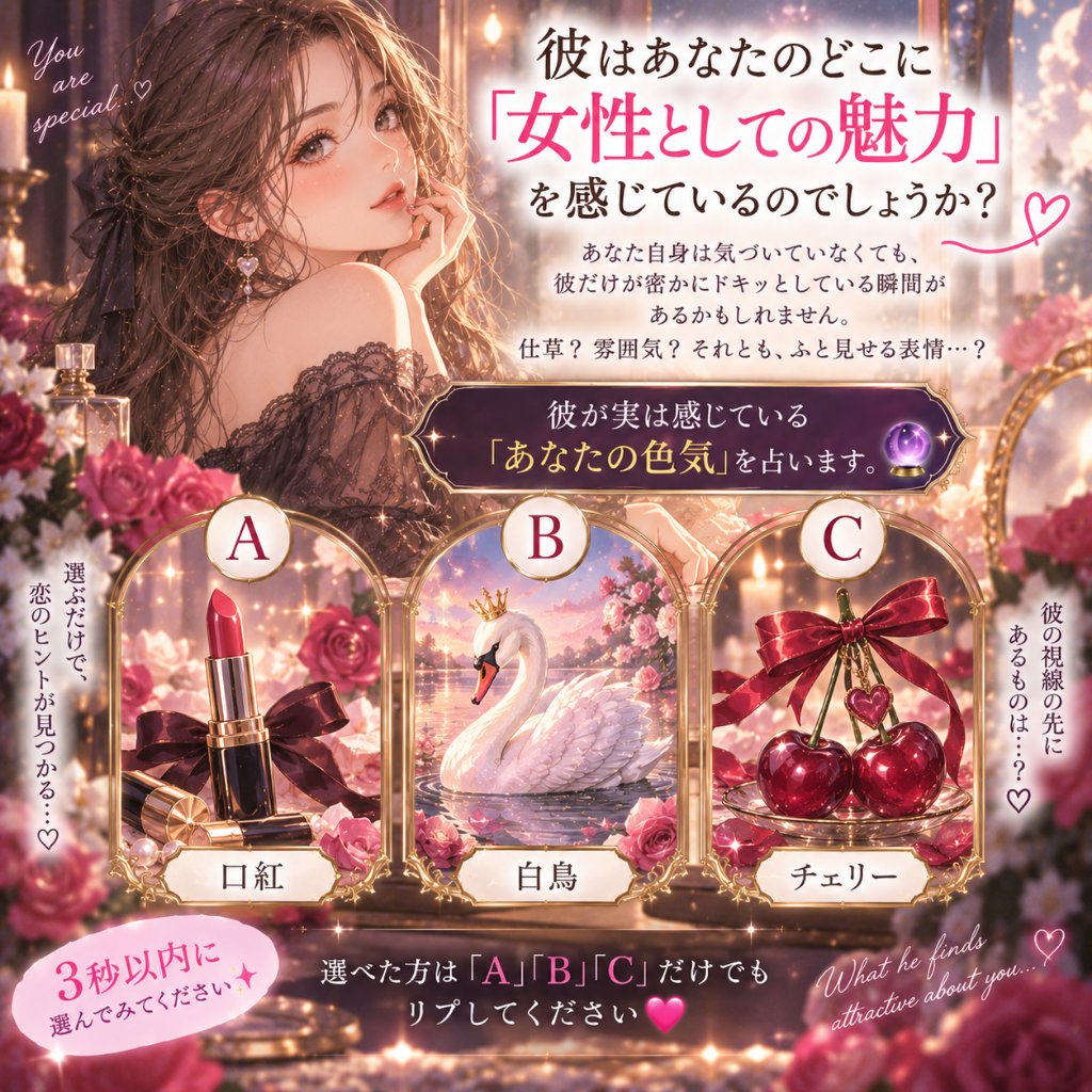 lunatic____a's tweet photo. 🔮彼が実は感じている
「あなたの色気」を占います。

今、いちばん惹かれたものを
直感で1つ選んでください。

A 💄 口紅
B 🦢 白鳥
C 🍒 チェリー

彼はあなたのどんなところに、
密かに惹かれているのでしょうか…？ https://t.co/O628h1XE1U