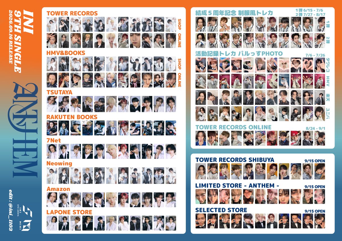 ini_11O3's tweet photo. ⌗🔖ˎˊ˗ 

𝗜𝗡𝗜 𝟵𝗧𝗛 𝗦𝗜𝗡𝗚𝗟𝗘 " 𝗔𝗡𝗧𝗛𝗘𝗠 "

３形態同時購入特典をまとめました！
交換やコレクションにどうぞ🎶

保存、使用の際は ↻ or ♡
押していただけると嬉しいです🌼

#INI #INI交換 #INI一覧 https://t.co/hJVWUb0Jo5