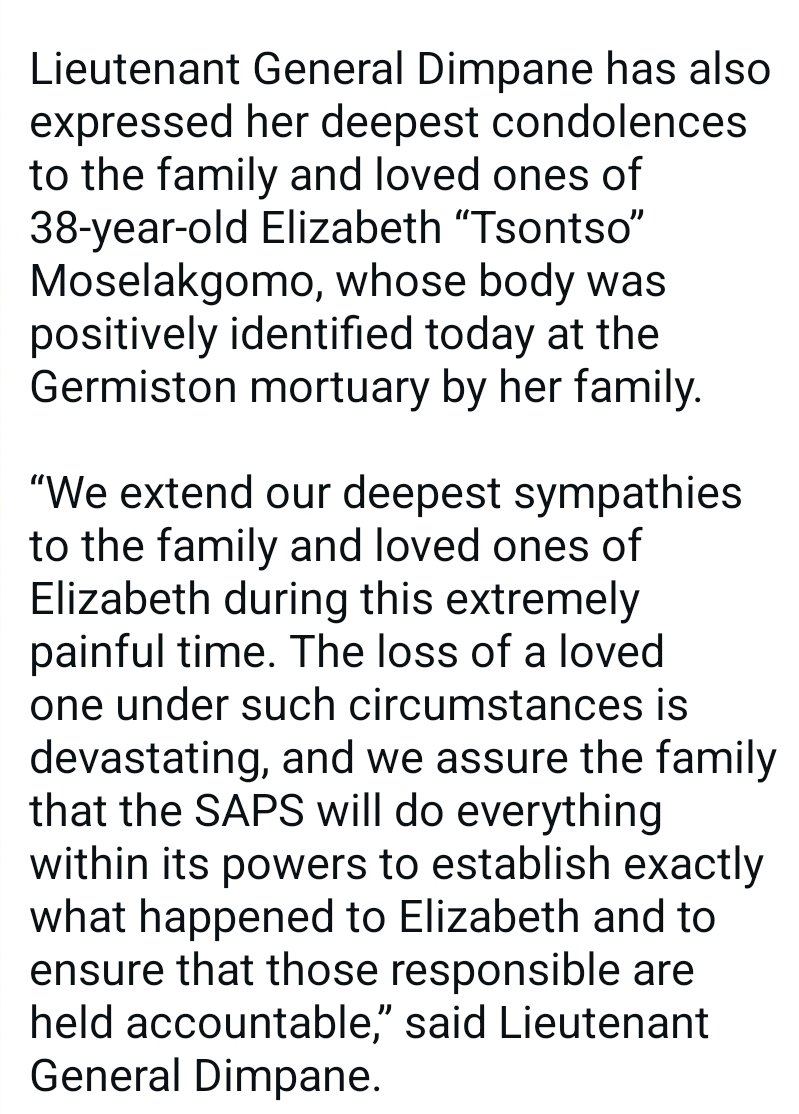 Chriseldalewis's tweet photo. BREAKING NEWS 

[KEMPTON PARK BODY IDENTIFIES AS THAT OF MISSING RUNNER] 

Police have confirmed that the body of the woman found at Rhodesfiield in Kempton Park is that of missing runner Elizabeth "Tsontso" Moselakgomo. 
The family positively identified her body at the mortuary.

#sabcnews