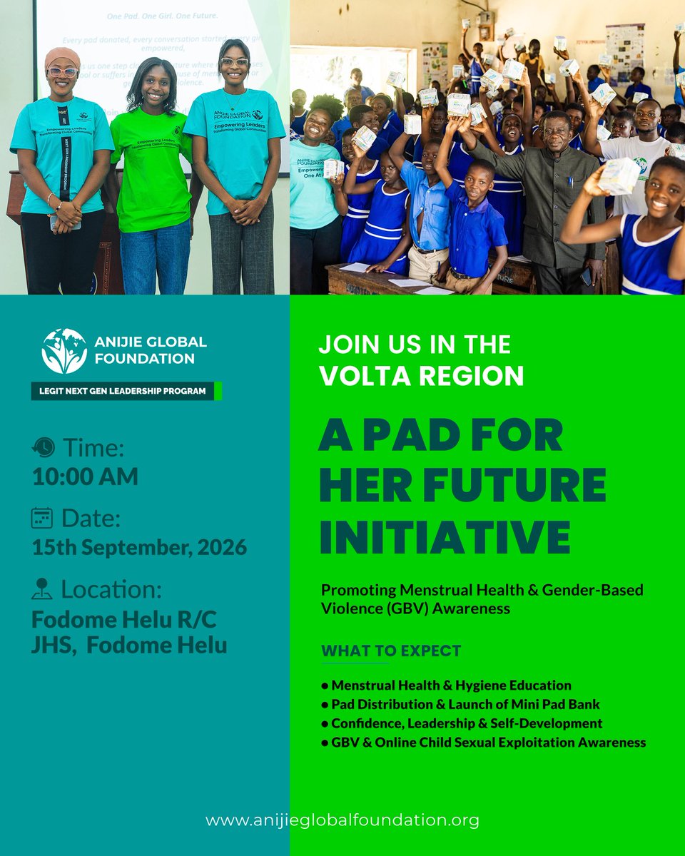 AnijieGlobal's tweet photo. Tomorrow, our LEGIT Leaders under our LEGIT Next GEN Leadership Program are headed to Hohoe, taking their "A Pad for Her Future" to the Volta Region of Ghana.
📅 Sept 15 | 📍 Fodome Helu R/C JHS
#LEGITBlueprint #AnijieGlobalFoundation #Youthled #Youthspace #LEGITYouthZone https://t.co/oUaxnoffB9
