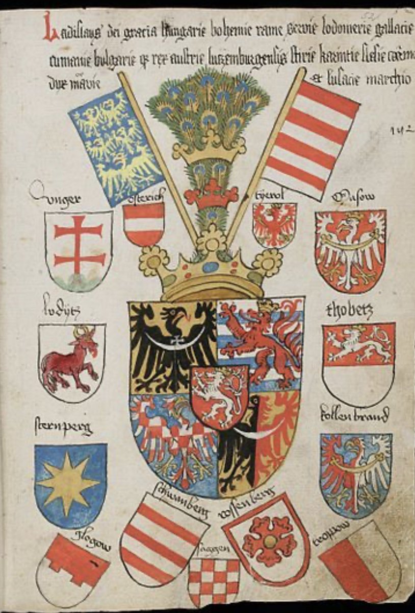 Argonaut1535's tweet photo. ⚔️🇩🇪15th Century Heraldry & Coats of Arms Illustrations from St. Gall Abbott Rosch’s “Book of Heraldry” (1462-1491).

This codice/book is viewable digitally on the Swiss E-Codice website.

St. Gall Abbot Ulrich Rösch's (1462-1491) book of heraldry, containing 1,626 coats of arms of prominent people from the laity and the clergy, mostly from the southern region of Germany. 

This heraldic book was probably prepared in the Heidelberg workshop of Hans Ingeram for an unknown customer from the area between the Neckar River and the Upper Rhine. In the 1480s St. Gall Abbot Ulrich Rösch purchased the volume and had numerous coats of arms from Swiss and German border areas added in the back pages; these were drawn by Winterthur artist Hans Haggenberg. 

It is one of the most important heraldic record books of the 15th century.