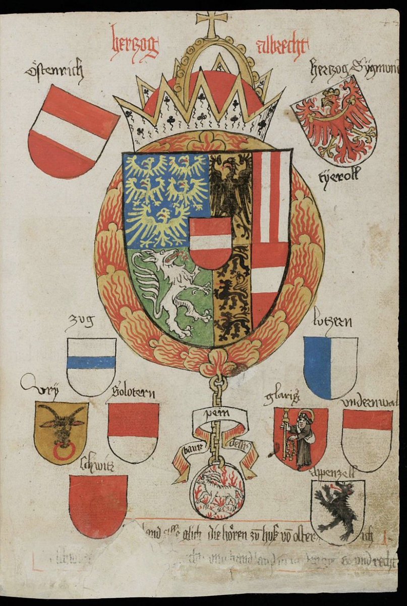 Argonaut1535's tweet photo. ⚔️🇩🇪15th Century Heraldry & Coats of Arms Illustrations from St. Gall Abbott Rosch’s “Book of Heraldry” (1462-1491).

This codice/book is viewable digitally on the Swiss E-Codice website.

St. Gall Abbot Ulrich Rösch's (1462-1491) book of heraldry, containing 1,626 coats of arms of prominent people from the laity and the clergy, mostly from the southern region of Germany. 

This heraldic book was probably prepared in the Heidelberg workshop of Hans Ingeram for an unknown customer from the area between the Neckar River and the Upper Rhine. In the 1480s St. Gall Abbot Ulrich Rösch purchased the volume and had numerous coats of arms from Swiss and German border areas added in the back pages; these were drawn by Winterthur artist Hans Haggenberg. 

It is one of the most important heraldic record books of the 15th century.