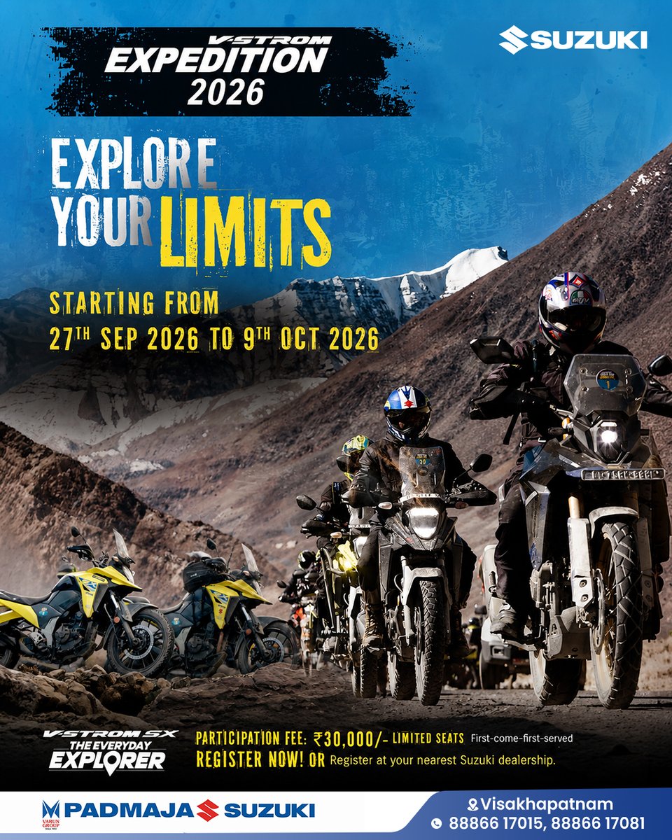 TillieSprymt's tweet photo. Adventure is calling. Join the Suzuki V-Strom Expedition 2026 for breathtaking rides, new challenges, and unforgettable memories. 27 September–9 October 2026
Participation fee: ₹30, 000
Limited seats. Register at Padmaja Suzuki. https://t.co/yFI6fslWwX