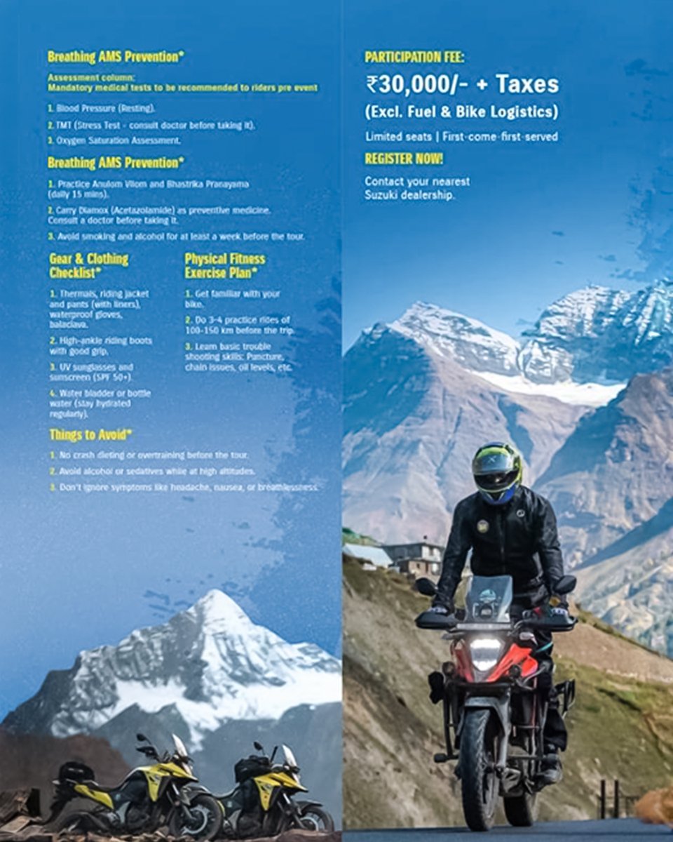 TillieSprymt's tweet photo. Adventure is calling. Join the Suzuki V-Strom Expedition 2026 for breathtaking rides, new challenges, and unforgettable memories. 27 September–9 October 2026
Participation fee: ₹30, 000
Limited seats. Register at Padmaja Suzuki. https://t.co/yFI6fslWwX