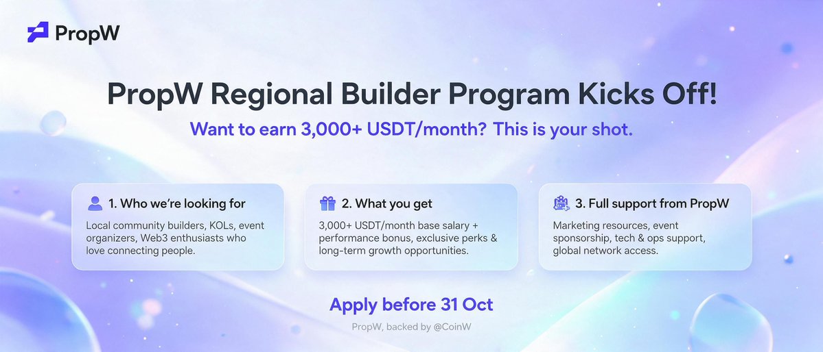 PropWGlobal's tweet photo. 🔥 Want to earn $3,000+ USDT/month by growing your local crypto community?

We are looking for community builders, KOLs, event organizers and Web3 connectors.

You bring the users. We provide the capital, product and support.
💰 Base salary + performance bonus
📈 Up to 15% profit share
🎁 Marketing budget & event support

👇 Apply now & secure your spot:
https://t.co/bXTk6Mqmh6