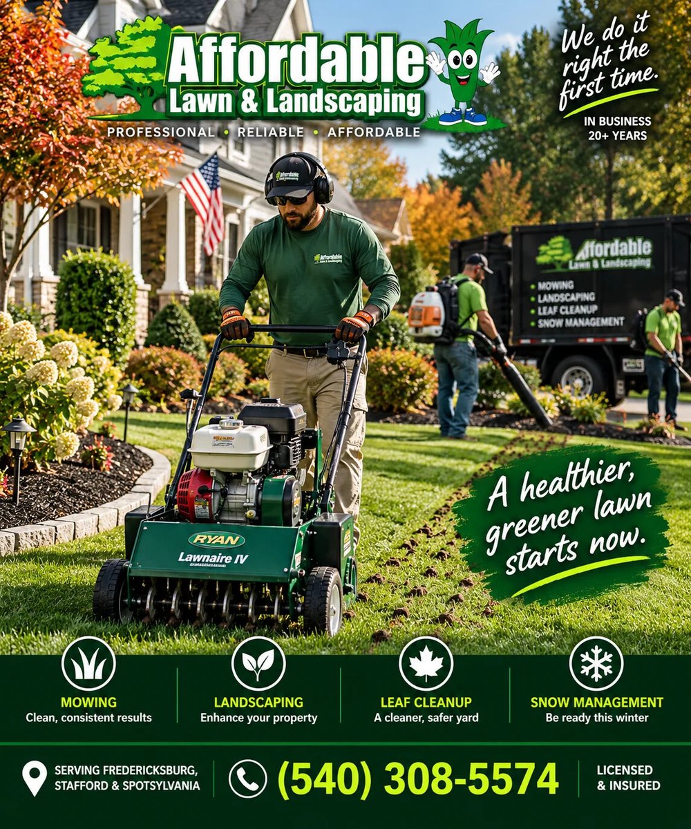 affordableva's tweet photo. Year-round property care made simple. 🍂❄️ Affordable Lawn &amp; Landscaping provides lawn care, fall cleanups, and snow management tailored to your needs. Serving Fredericksburg, Stafford &amp; Spotsylvania with reliable service for 20+ years.

#FredericksburgVA… https://t.co/p7wFeHjRBK