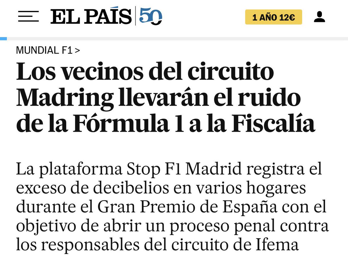 JotaVaquerizo's tweet photo. Hoy El País cuenta que los vecinos de Madring a través de la plataforma Stop F1 Madrid llevarán el ruido de la Fórmula 1 a la Fiscalía. Varios compañeros colaboramos para hacerlo posible y quiero explicar por qué esto, que suena a queja vecinal, es en realidad un asunto de salud pública que los tribunales se toman muy en serio. Abro hilo 🧵
