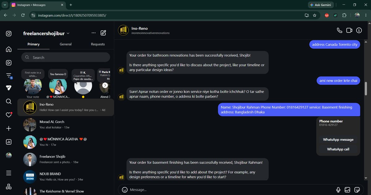 Shojib2791's tweet photo. Built an AI-powered Instagram Messenger Automation with n8n + OpenAI + Instagram API.

Handles text, voice &amp; images, answers product questions, collects orders &amp; saves customer data automatically.

Message → AI → Response → Order

#n8n #AIAutomation #InstagramAutomation #AI https://t.co/f4j6J5jICL