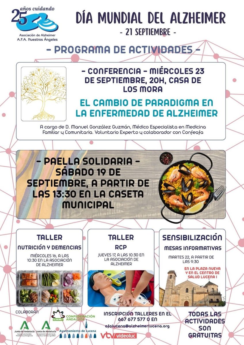 AytoLucena's tweet photo. #SALUD | La asociación AFA Nuestros Ángeles ha preparado, con el respaldo del Ayuntamiento de Lucena, cinco jornadas de actividades por el Día Mundial del Alzheimer.

Talleres de nutrición y RCP, paella solidaria, mesas informativas y una conferencia.

🔗 https://t.co/V2menqv4Hw https://t.co/tCuiEQmt1w