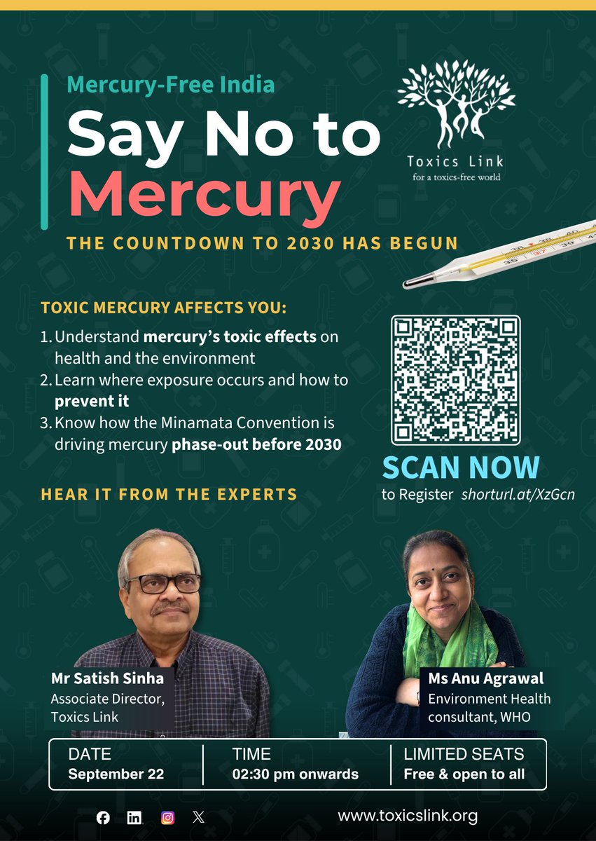 toxicslink's tweet photo. Join us for an insightful webinar on #SayNotoMercury &amp; hear from experts about the toxic effects of #mercury on our #health #environment, ways to prevent exposure, and the urgent need to move towards a #mercuryfree future.

22 September
02:30 PM onwards
https://t.co/eCLIU3UDP6 https://t.co/hEtI60ttz7
