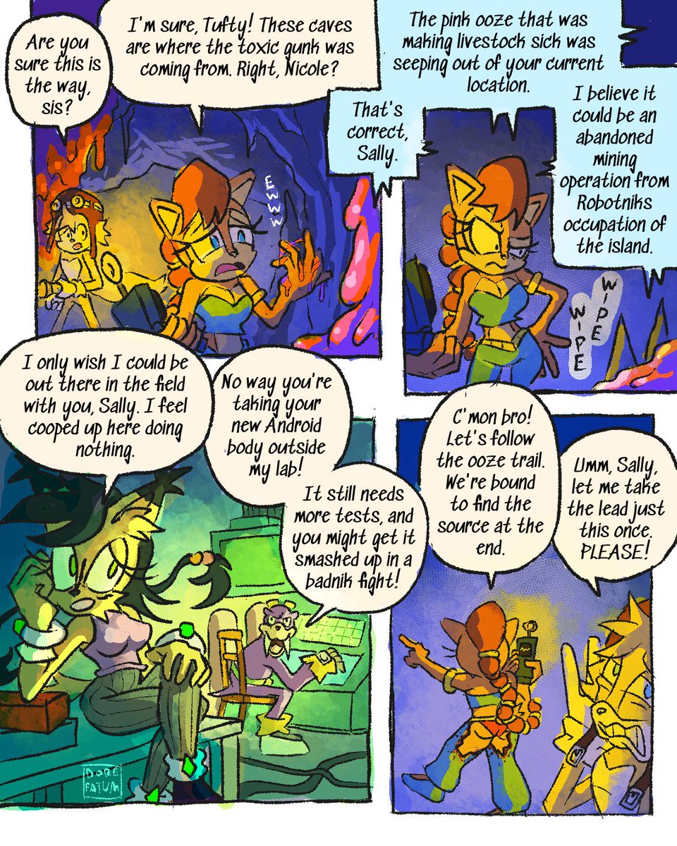 JamesSt450's tweet photo. For the 33rd anniversary of the SATAM cartoon, here's the first page of a comic when Princess Sally and her brother go underground to investigate a bunch of mega mack leaking out of the Acorn Kingdoms soil. While Rotor and Nicole monitor from his lab, the end of Sally is revealed https://t.co/e1x6EqRTbl
