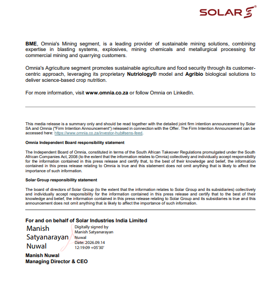 ANI's tweet photo. Solar Group will acquire all shares of Omnia Holdings for around $1.355 billion (₹12,951 crore) in an all-cash deal. Omnia reported $1.41 billion (₹13,307 crore) in revenue in FY26 and operates in 23 countries with over 70 distribution centres. The deal, subject to regulatory and shareholder approvals, will strengthen Solar’s global explosives and blasting solutions business and expand its presence in mining.