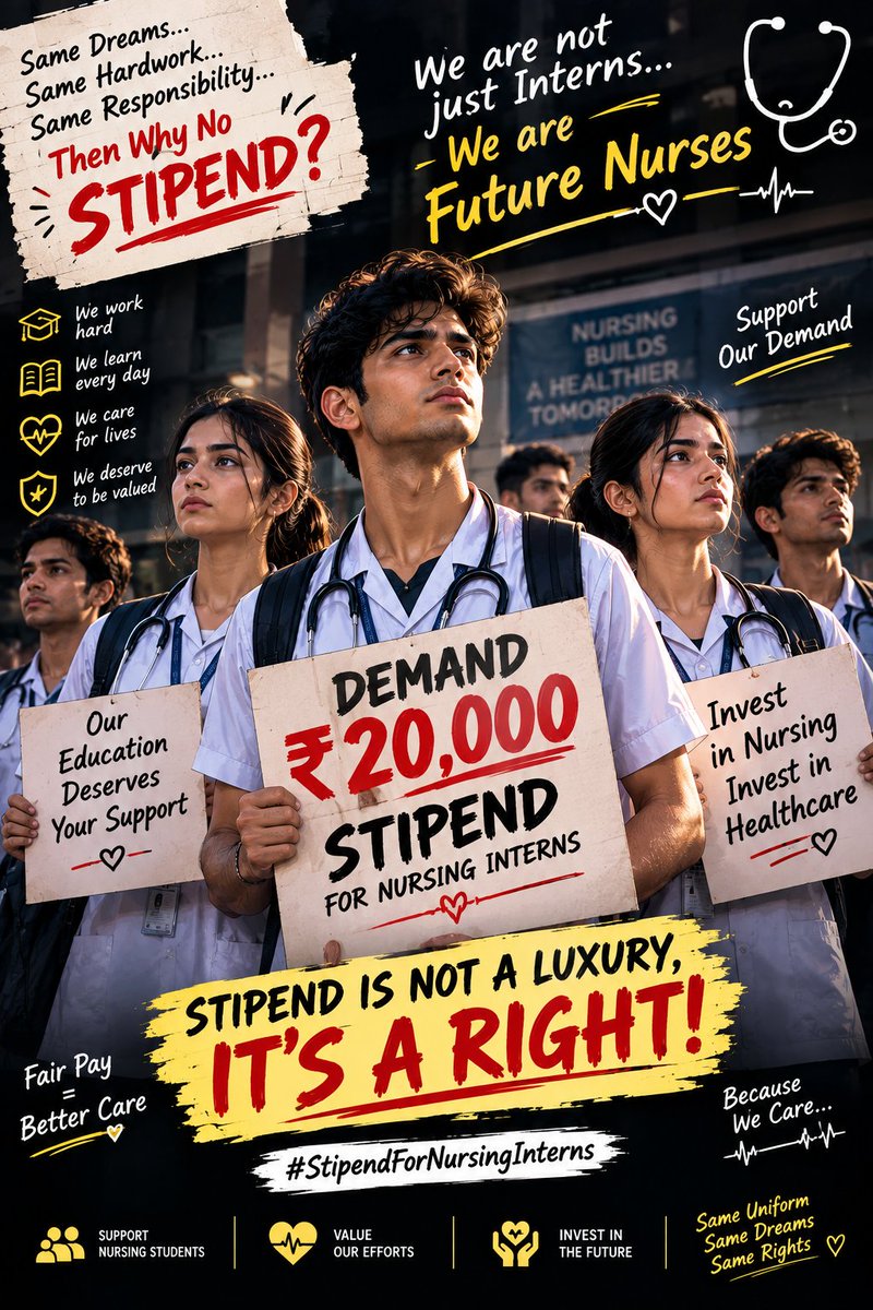OnKarYadav38bh's tweet photo. Same Uniform. Same Responsibility. Same Dedication.

Then Why No Stipend? 🩺
Nursing interns are not just learners.
They work, care, serve patients and carry real responsibilities in healthcare.

#StipendForNursingInterns
 #Stipend 
#NursingStudents 
#ValueNursing https://t.co/z7OFdjqQ5L