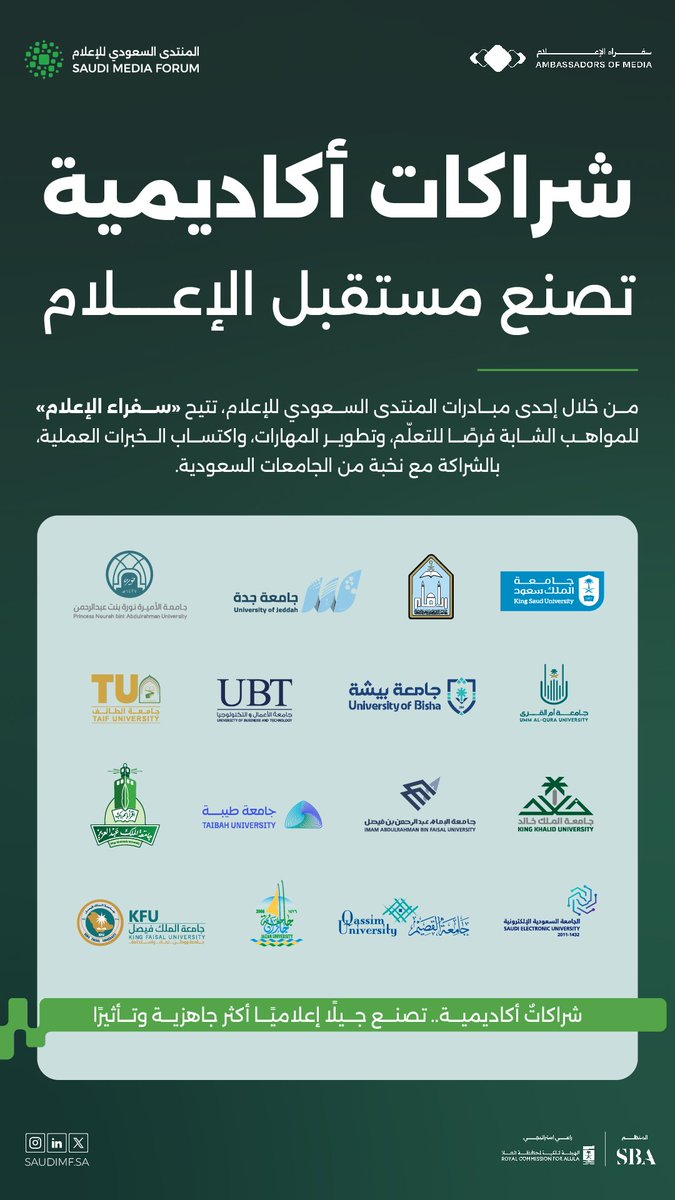 saudi_mf's tweet photo. شراكات مع الجامعات السعودية تعزز التكامل بين المعرفة الأكاديمية والممارسة المهنية، وتفتح آفاقًا أوسع أمام المواهب الإعلامية الواعدة.

#سفراء_الإعلام #المنتدى_السعودي_للإعلام https://t.co/MB7zTJf8pW