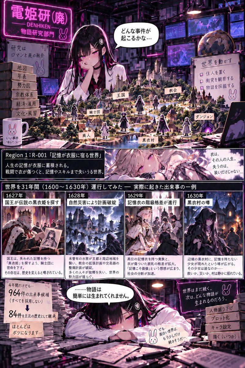 yurecadia's tweet photo. 最近の研究は、
箱庭に住人を置いて、そこから物語を採掘する仕組みを考えています。

……物語、思ったより生まれてくれません。全然。 https://t.co/MuSwFhlVD3