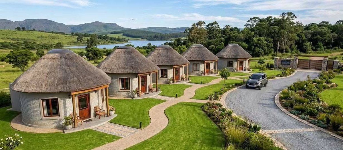 andigye's tweet photo. Tucked into rolling green hills, five thatched rondavel cottages curve gracefully toward a still lake and misty mountains beyond a quiet slice of countryside luxury.
#constructiontips #africa https://t.co/wphVlOoOJd
