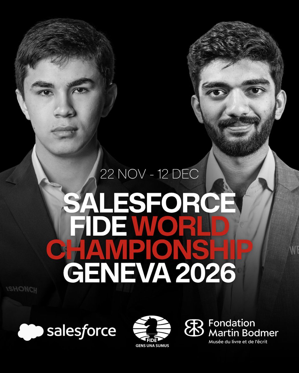 FIDE_chess's tweet photo. ♟ Salesforce FIDE World Championship Match 2026: Schedule, format, and prize fund confirmed
 
FIDE is pleased to announce the regulations for the Salesforce FIDE World Championship Match 2026, confirming the venue, format, schedule, and prize distribution for the meeting between reigning World Champion Grandmaster Gukesh D and his challenger, Grandmaster Javokhir Sindarov. 

The match will be held at the Fondation Martin Bodmer in Cologny, Geneva, Switzerland, from 22 November to 12 December 2026, bringing a World Championship match back to Switzerland for the first time since Brissago in 2004.
 
Read more: https://t.co/0KO4wmQrib

#GukeshSindarov @salesforce