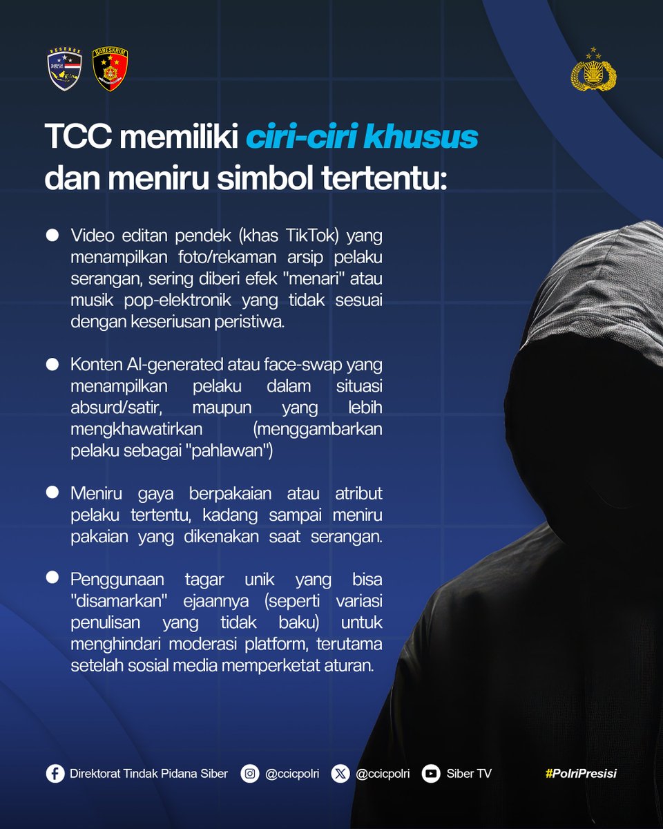 CCICPolri's tweet photo. Waspada! Anak terpapar ekstrimisme digital melalui media sosial

True Crime Comunity (TCC) adalah komunitas daring yang mengagungkan kekerasan, bukan karena ideologi, tapi karena haus pengakuan dan sensasi

#PolriPresisi #SalamPresisi https://t.co/PBps267gNl