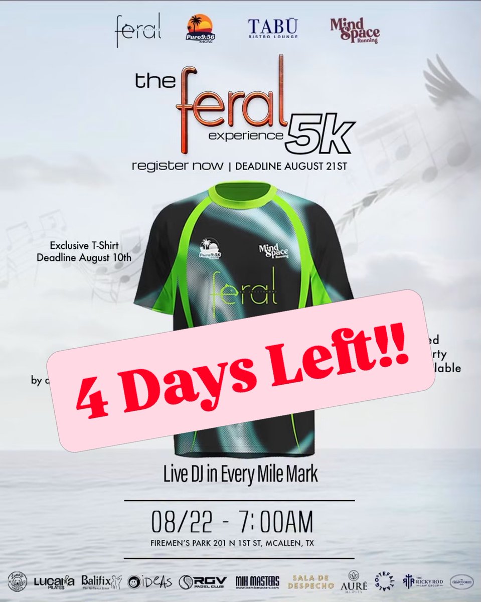 DuncanAitoga's tweet photo. 4 days left to secure your preferred shirt size for The Feral Party Experience 5K. Run the 5K, stay for the party: music, açaí bowl, wellness after-party, awards, photos and more. Saturday, August 22, 2026
Fireman’s Park, McAllen
5K starts at 7:30 https://t.co/1baSnPE4aZ