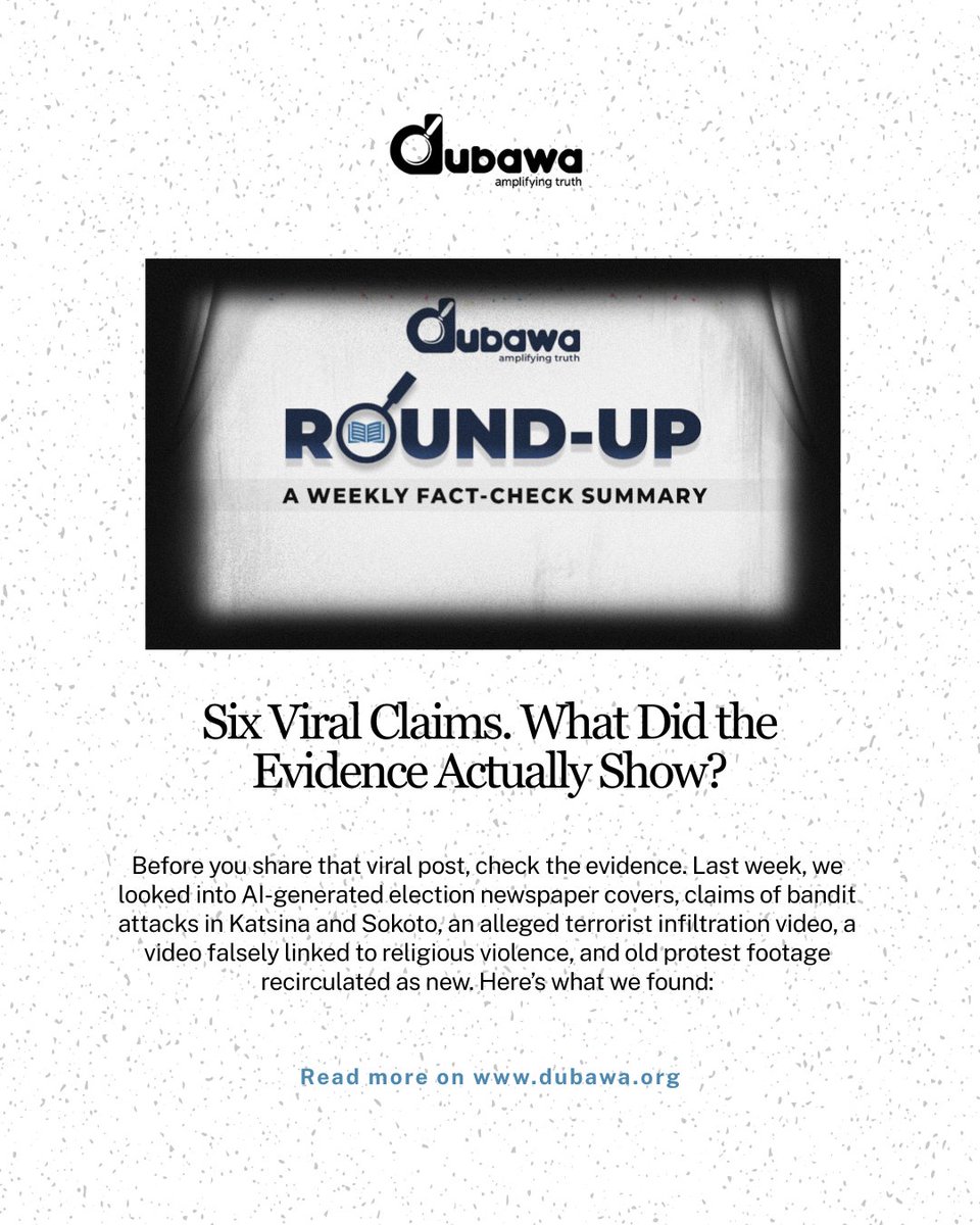 DubawaFacts's tweet photo. What really happened behind some of the biggest viral claims in Nigeria last week?

#Dubawachecks #Tinubu #Atiku #SokotoState #KatsinaState #Fulani #PeterObi # https://t.co/zbILbkmKRm