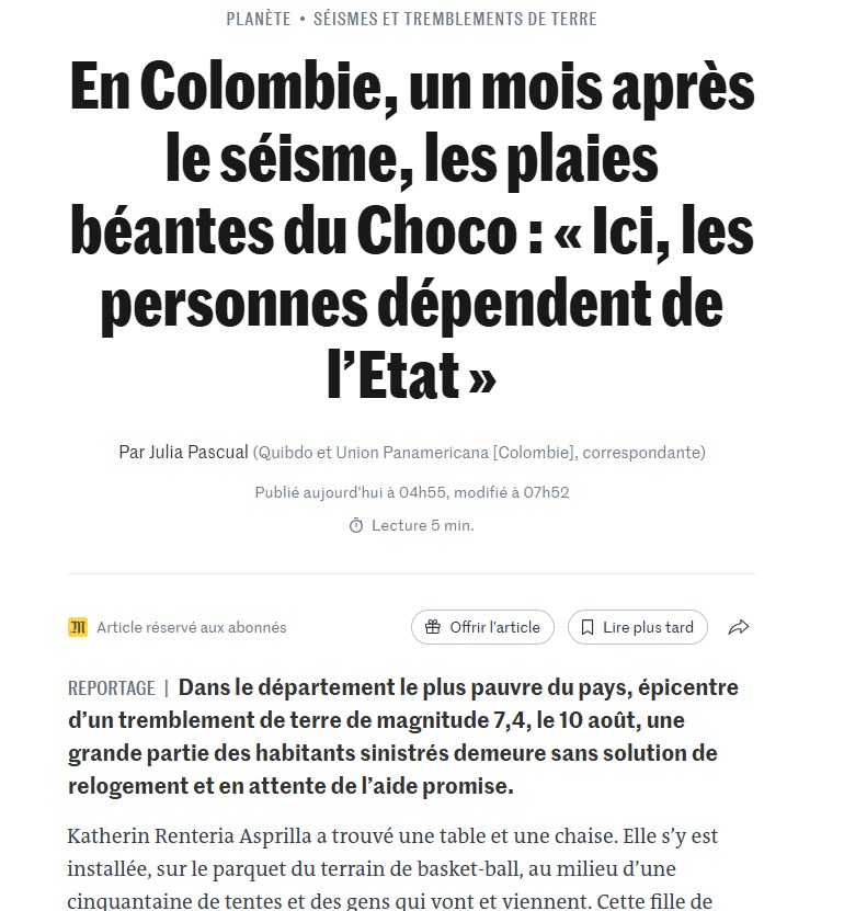 UltimaHoraCR's tweet photo. #Mundo | El olvido estatal hacia los municipios del Chocó afectados por el sismo que hace más de un mes sacudió a Colombia es evidenciado en un reportaje que publica este lunes el diario francés Le Monde. 

Según el texto, los damnificados no han recibido opciones para su reubicación, ni han podido acceder a ayuda económica alguna.

https://t.co/v2vIVVHFXe