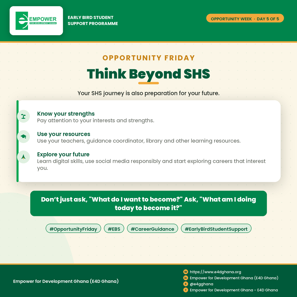 e4dghana's tweet photo. 🌟 Think Beyond SHS!

Your SHS journey is preparation for your future. Know your strengths, build digital skills, use available resources, and explore careers that interest you.

What are you doing today to become who you want to be?

#OpportunityFriday #EBS #CareerGuidance #EBS https://t.co/78eM7f1dqX