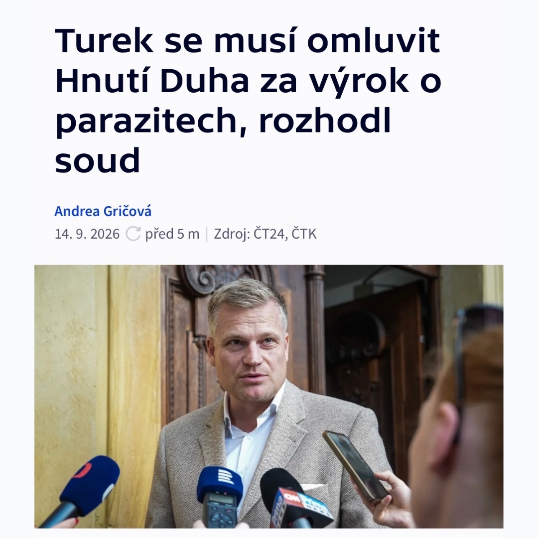 milionchvilek's tweet photo. 🌈 Filip Turek se musí omluvit Hnutí DUHA za to, že je označil za parazity, rozhodl – prozatím nepravomocně – Městský soud v Praze. 

Ekologická organizace podala na čestného prezidenta Motoristů žalobu vedle zmíněného nenávistného výroku i proto, že ji spojoval s úmrtími při posledních povodních.

🗨️ „Veřejné napadání a lživé obviňování občanských organizací záměrně vyhrocuje veřejnou debatu a oslabuje důvěru mezi státem a občany. 

Cílem naší žaloby je proto jasně vymezit, co už je v komunikaci politiků nepřijatelné, a zabránit tomu, aby se podobný přístup stal běžnou praxí,“ řekla k podání žaloby ředitelka Hnutí Duha Zuzana Lenhartová.

👉 Hnutí Duha současně podalo žalobu i na ministra zahraničních věcí Petra Macinku, který je označil za „teroristickou organizaci”. Rozhodnutí soudu v tomto případě doposud není známo.

❗ Motoristé si tak na dlouhý seznam porážek, které v poslední době utrpěli, mohou připsat ještě jednu další. A pravděpodobně ne poslední…

Zdroj: https://t.co/EpAn1mgAVX