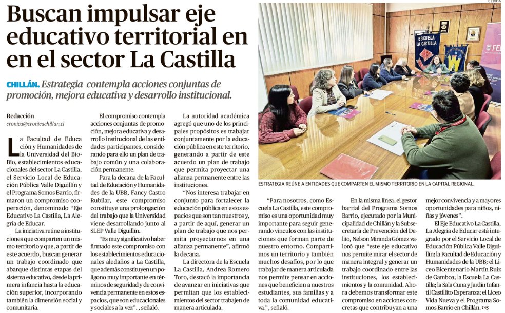 ubiobiochile's tweet photo. #UBBenPrensa Buscan impulsar eje educativo territorial en el sector La Castilla
https://t.co/lVr1an3Avr https://t.co/6r8S5xvyjI