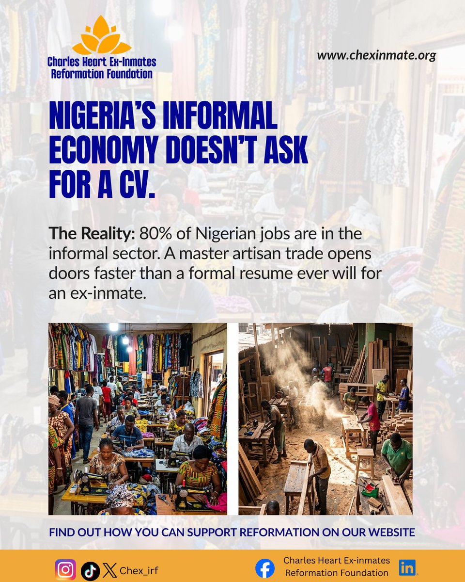 Chex_irf's tweet photo. 80% of jobs in Nigeria are informal. While a background check can block a resume, a trade opens doors immediately.
​
​At Charles Heart Ex-Inmates Reformation Foundation, we empower ex-inmates with skills to rebuild their lives.
​Support the mission: https://t.co/f8A7eRuiIR https://t.co/fw9g7wqjOY