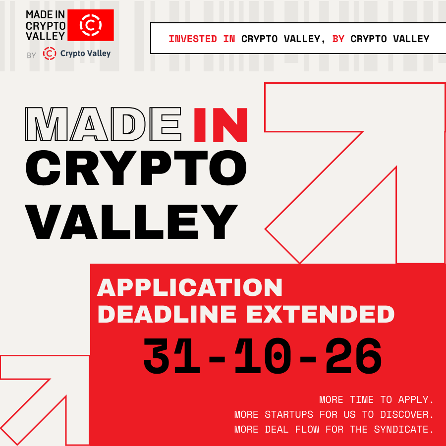thecryptovalley's tweet photo. We just extended your runway! 🚀

September came in hot. Founders are back at their desks, investors are back in the room, and applications for Made in Crypto Valley are coming in. So instead of closing the door just as everyone is getting back into full swing, we're keeping it open. We're extending applications until October 31st, 2026!!

➡️ More time to apply.

➡️ More startups for us to discover.

➡️ More deal flow for the syndicate.

But founders, fair warning: October 31 is Halloween. Don't ghost us 👻

Are you an investor looking for a new deal flow? Are you a Crypto Valley supporter looking to re-invest into the ecosystem and reap the benefits of potentially finding the next Swiss unicorn? Get in touch with us.

New application deadline: 31 October, 2026

https://t.co/8XTQQ8TRfd