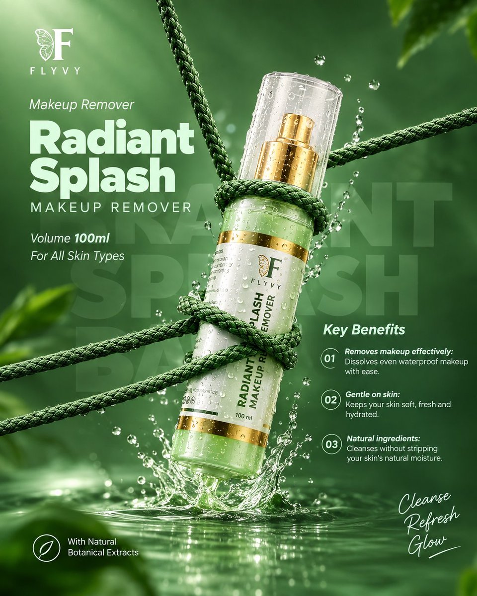 Flyvy07's tweet photo. 💧✨ Cleanse. Refresh. Glow.
Meet FLYVY Radiant Splash Makeup Remover 🌿
Effectively removes makeup while leaving skin feeling fresh, soft &amp; hydrated.
💚 Natural Botanical Extracts | 100ml | All Skin Types

#FLYVY #MakeupRemover #Skincare #BeautyCare #GlowingSkin https://t.co/1U9ctEAiGY