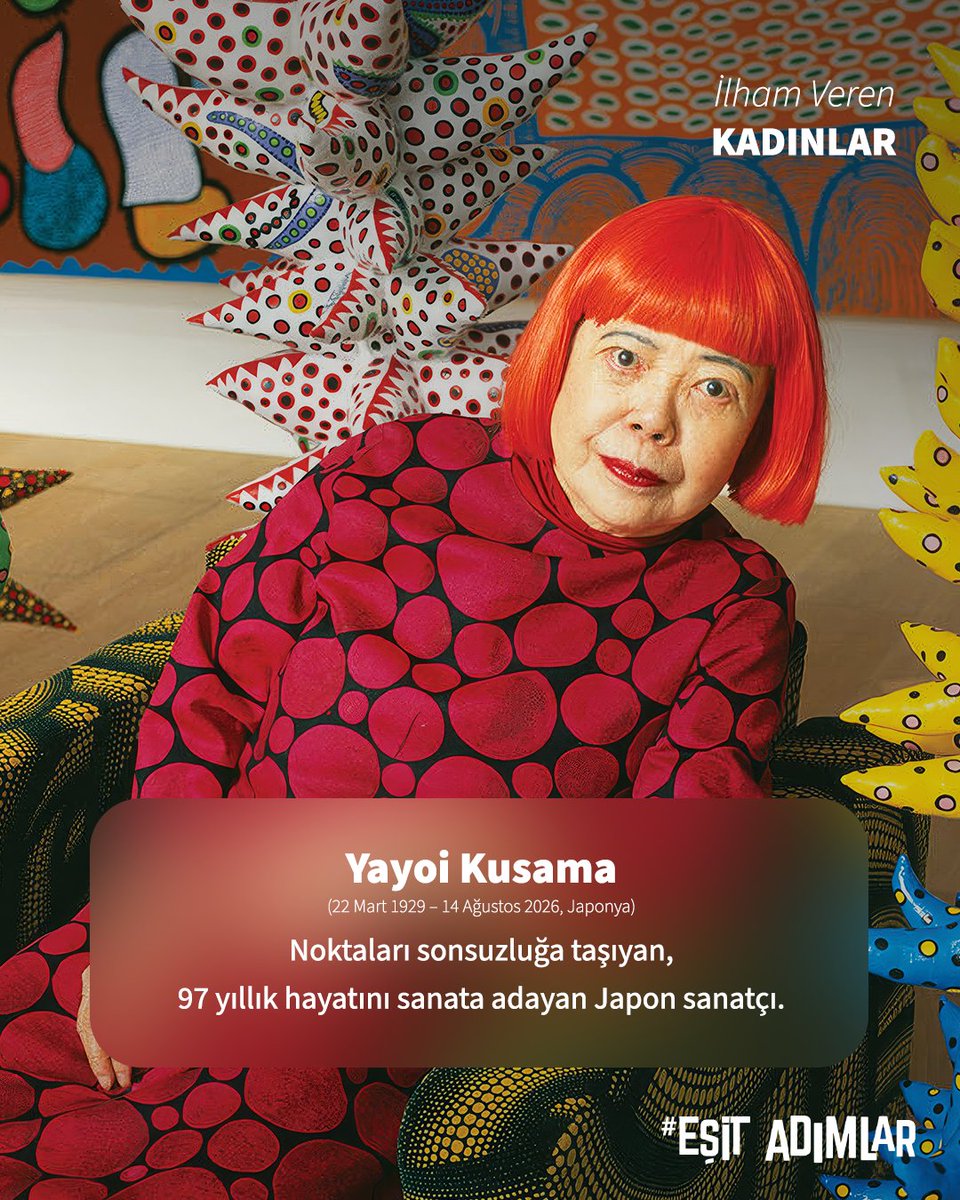 esitadimlar's tweet photo. Yayoi Kusama, kişisel deneyimlerinden dünyaya yayılan özgün bir sanat dili yarattı.

Kadınların ve Asyalı sanatçıların görünürlüğünün sınırlı olduğu bir dönemde uluslararası sanat dünyasında kendine kalıcı bir yer açtı. Ardında kuşakları etkilemeye devam edecek bir miras bıraktı. https://t.co/WMCEvDG3Zx