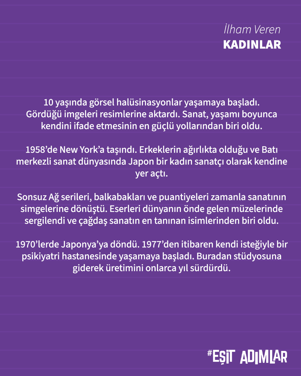 esitadimlar's tweet photo. Yayoi Kusama, kişisel deneyimlerinden dünyaya yayılan özgün bir sanat dili yarattı.

Kadınların ve Asyalı sanatçıların görünürlüğünün sınırlı olduğu bir dönemde uluslararası sanat dünyasında kendine kalıcı bir yer açtı. Ardında kuşakları etkilemeye devam edecek bir miras bıraktı. https://t.co/WMCEvDG3Zx