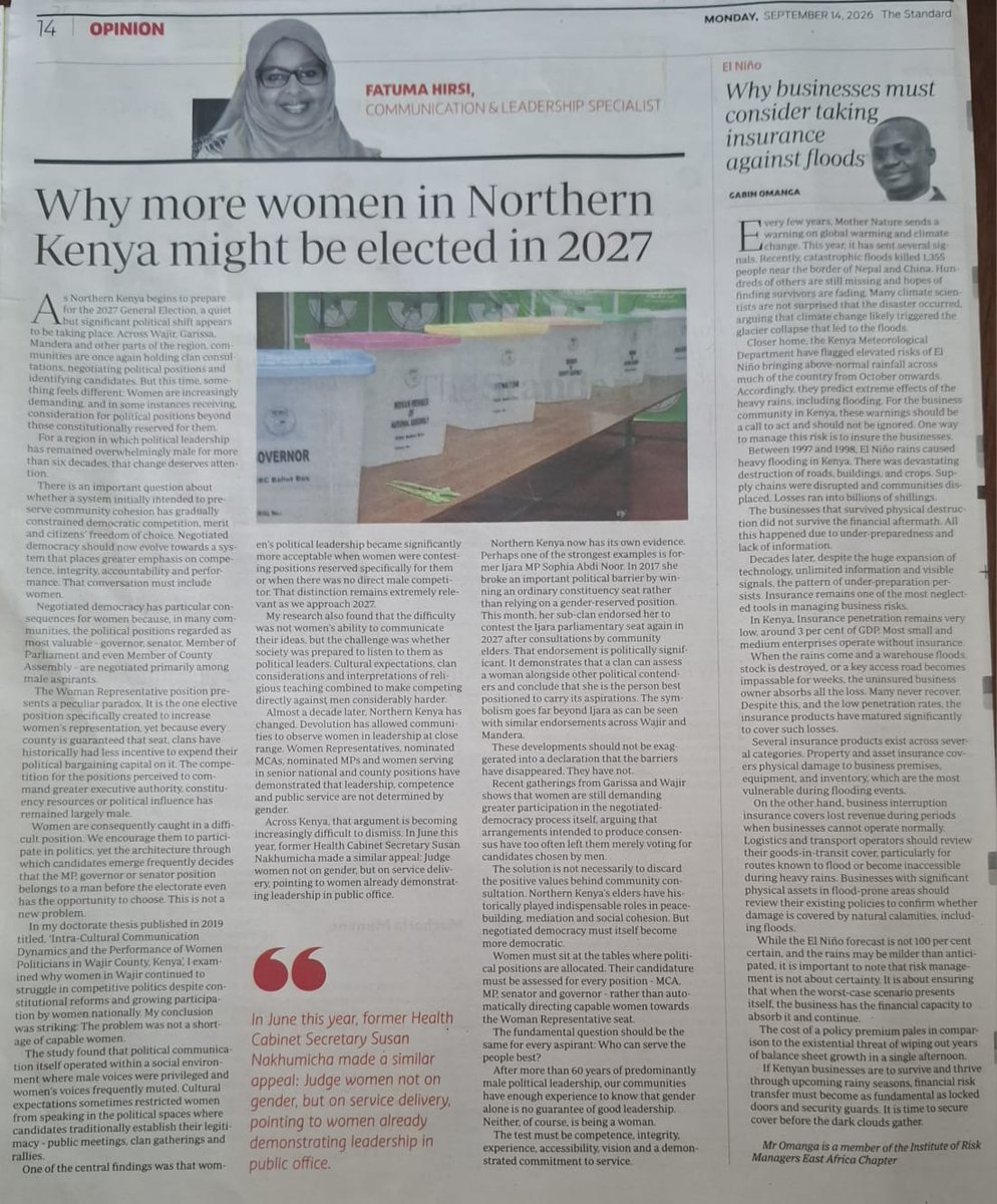 fhersy's tweet photo. My latest article reflects on women’s political leadership in Northern Kenya ahead of 2027: negotiated democracy, persistent barriers, and the growing opportunity for women to contest beyond the Woman Representative seat. Time to move from participation to leadership #Womenleader https://t.co/iLlkphyuuQ