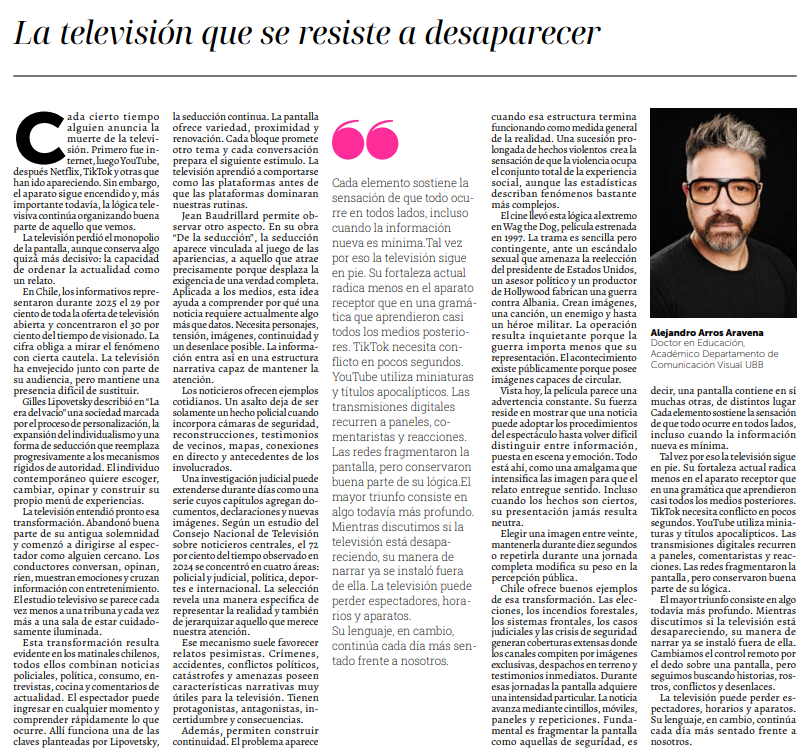 ubiobiochile's tweet photo. #UBBenPrensa La televisión que se resiste a desaparecer. Columna de opinión del académico del Departamento de Comunicación Visual UBB, Dr. Alejandro Arros Aravena.
https://t.co/8kmNTvS39I https://t.co/jnZyPdoefu