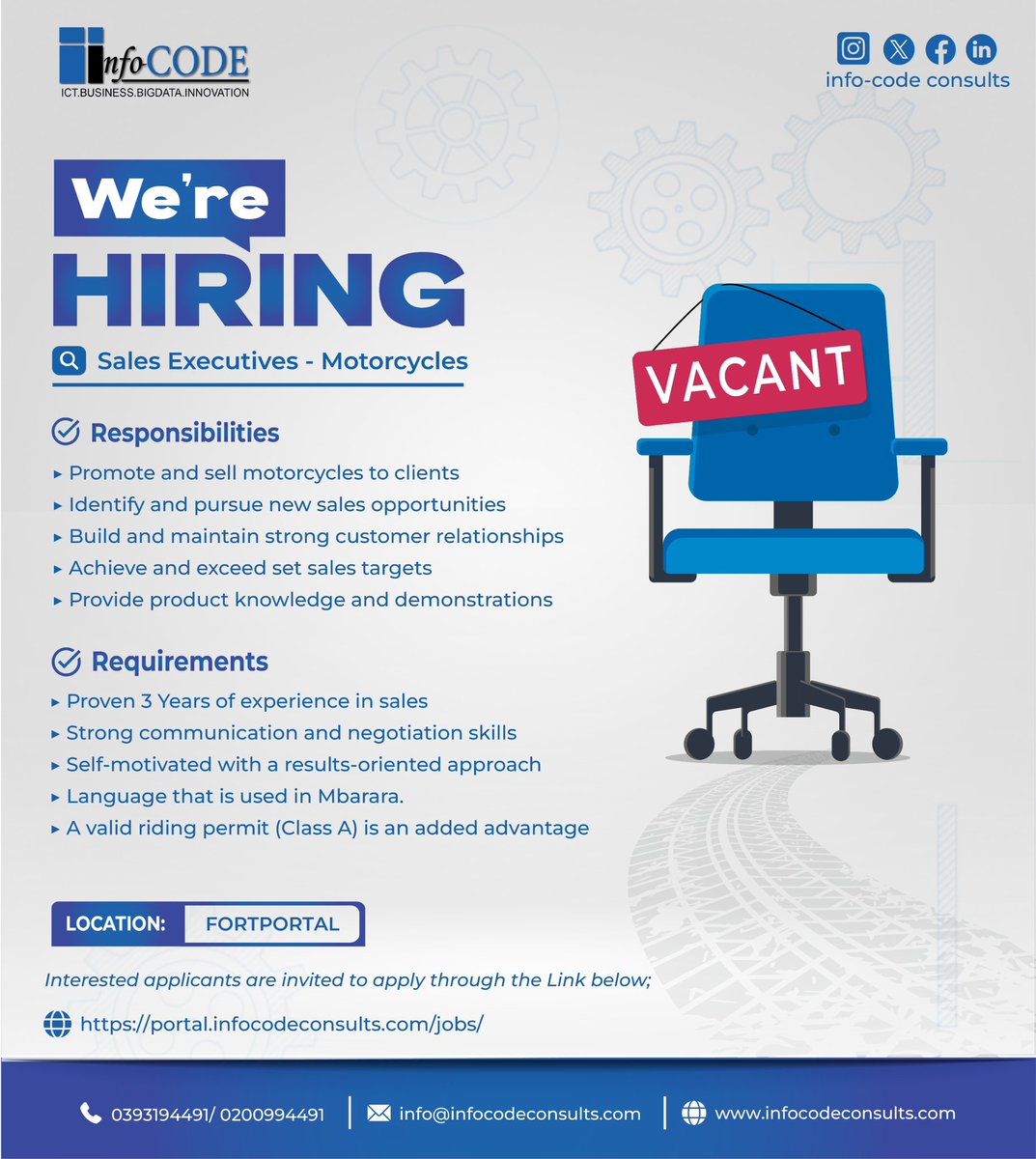 ConsultsCode's tweet photo. 📣 WE’RE HIRING: SALES EXECUTIVES – MOTORCYCLES

📍 Location: Fort Portal 
🏢 Department: Sales 
💼 Employment Type: Full-time

🔗 Apply here: https://t.co/BJvbam5GzM 

Only shortlisted candidates will be contacted.

#SalesJobs #MotorcycleSales #SalesExecutives #FortPortalJobs https://t.co/89i0ewXLZ9