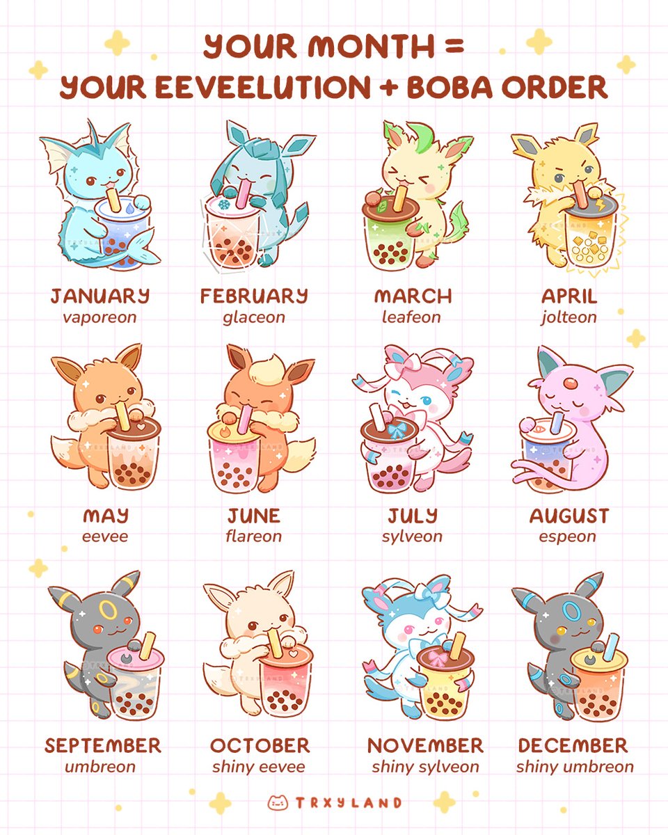 trxyland's tweet photo. Your month = your eeveelution + boba order 💖🧋 https://t.co/vfC2CWV0Rh