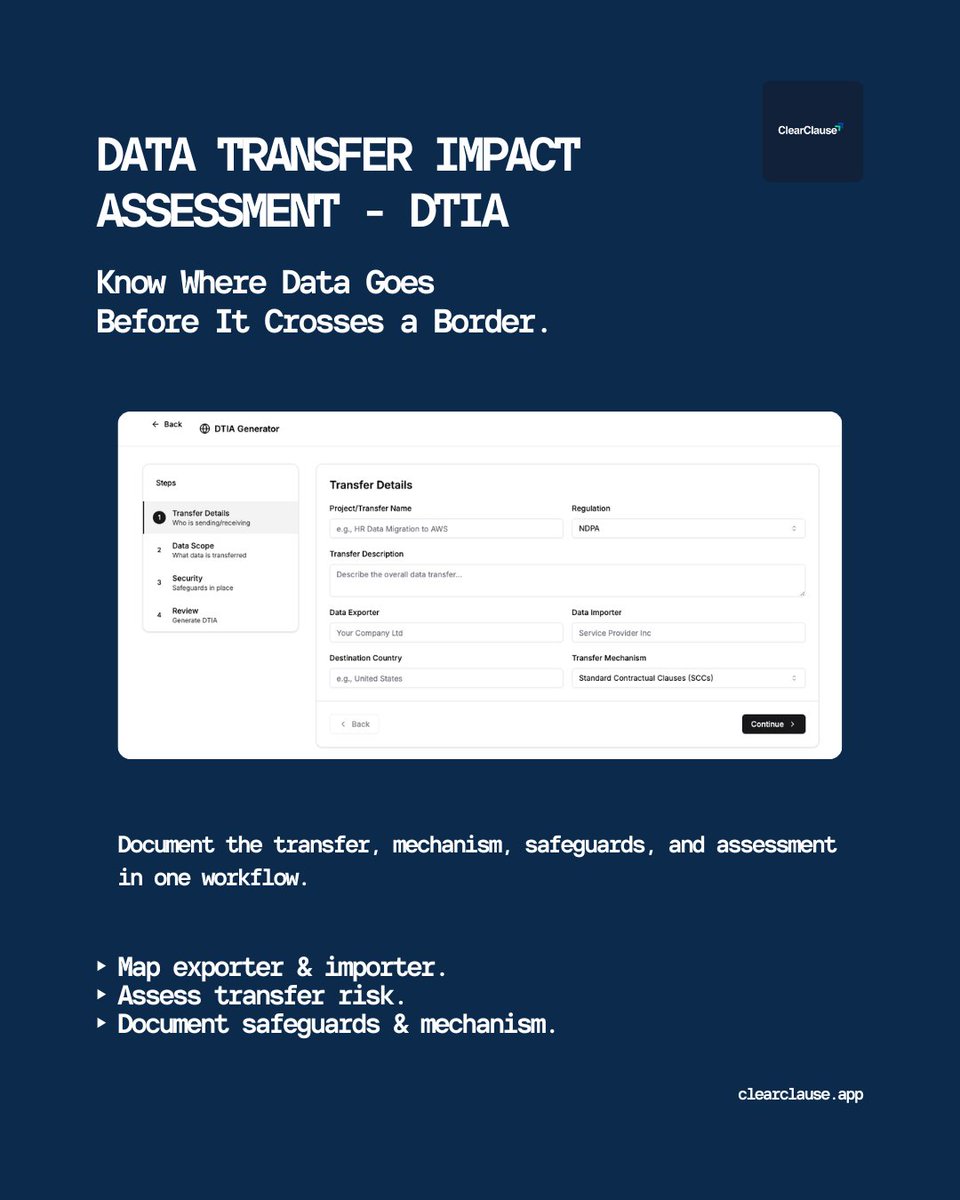 clearclause's tweet photo. Do you know where your data goes? The destination is only part of the story. You also need the transfer mechanism, safeguards and evidence behind the decision.
ClearClause helps document it.

#CrossBorderData #DTIA #NDPA https://t.co/Px0zdK6OHS