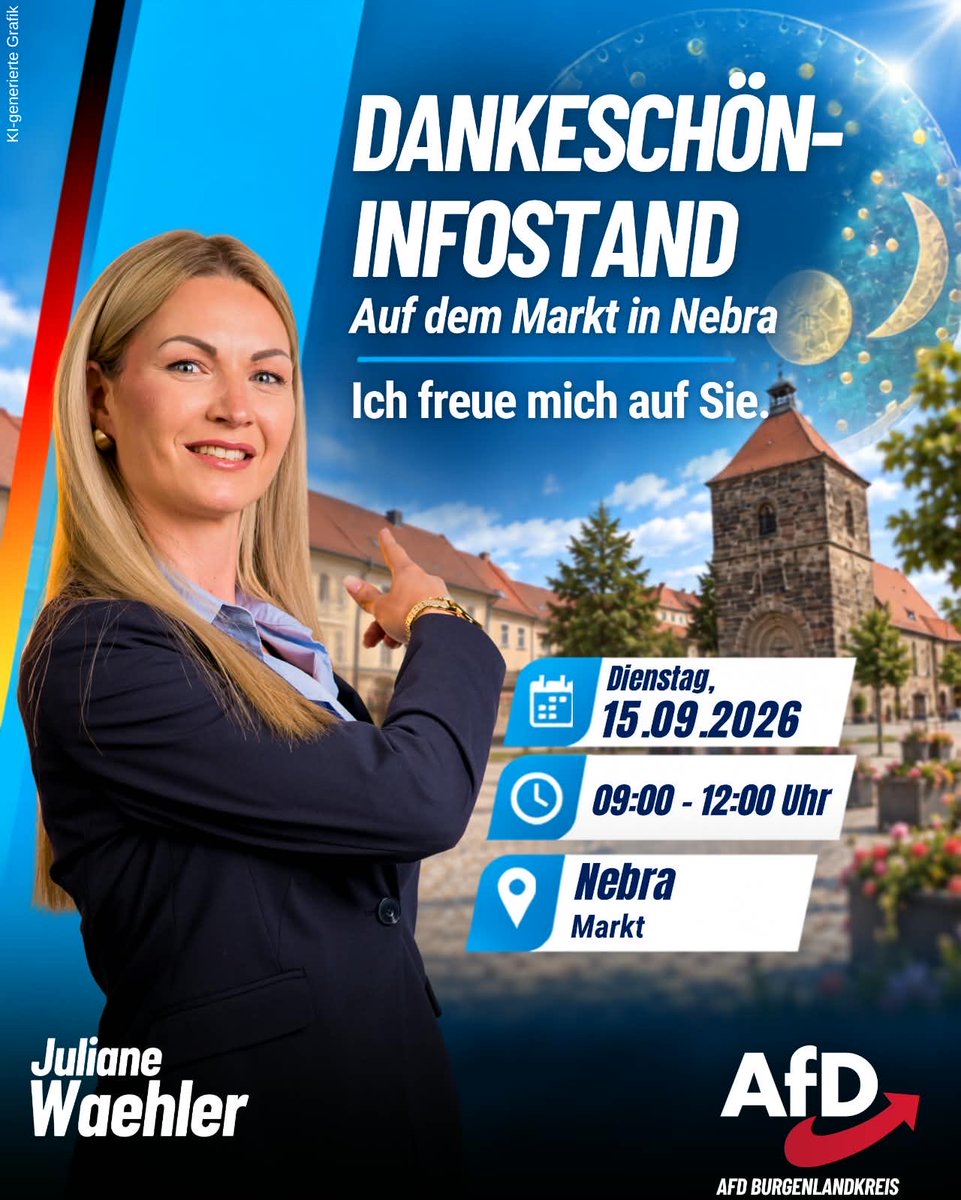 JulianeWaehler's tweet photo. Jeder 2. Bürger aus Nebra (57 Prozent) hat mir seine Stimme gegeben - vielen herzlichen Dank dafür 💙🙏

Deshalb will morgen nochmal persönlich Danke sagen und von 9:00 Uhr bis 12:00 Uhr vor Ort - ich freue mich auf euch! https://t.co/ji3KCjHpMP