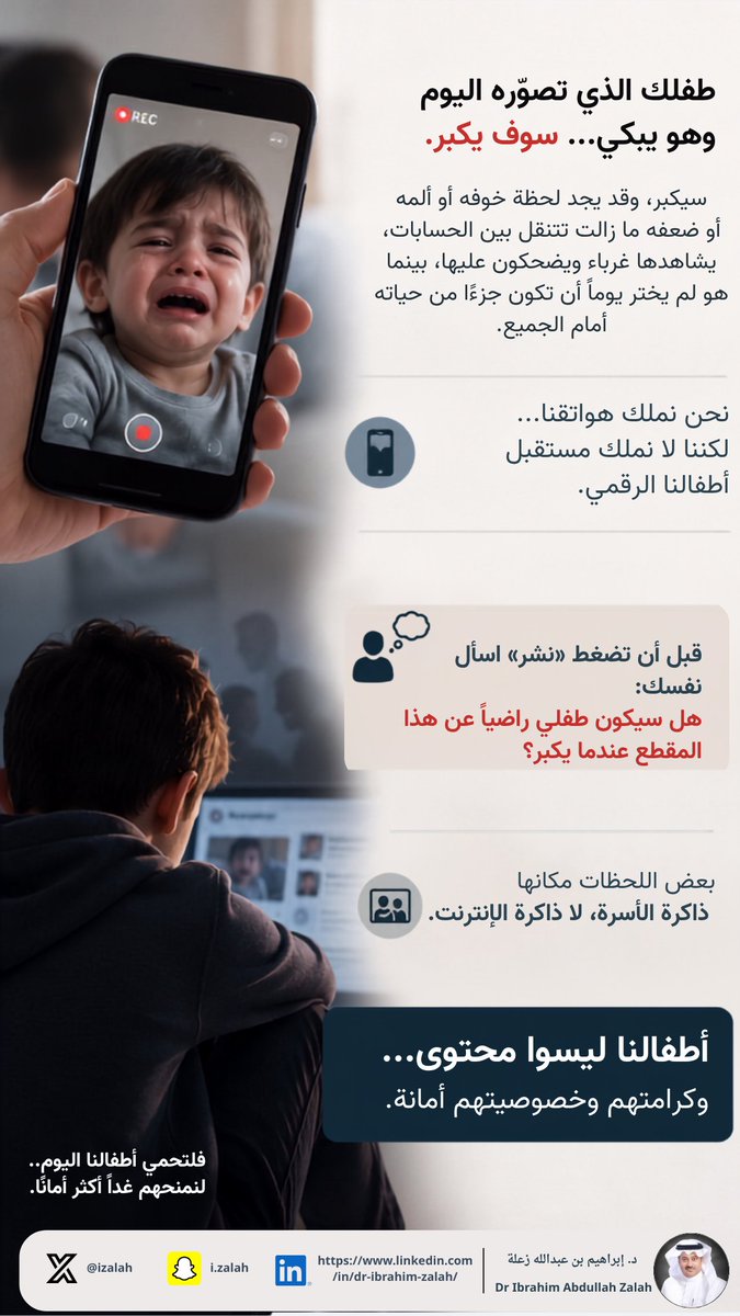 iZalah's tweet photo. #الأسرة مسؤولة عن حماية #خصوصية_الطفل، فالطفل قد لا يستطيع اليوم الاعتراض على نشر لحظة ضعفه على وسائل #التواصل_الإجتماعي، لكنه سيعيش غدًا مع أثرها الرقمي.

Families have a responsibility to protect #ChildPrivacy. A child may not be able to object today to having a vulnerable moment shared on #social_media, but tomorrow, they will have to live with its #DigitalFootprint.