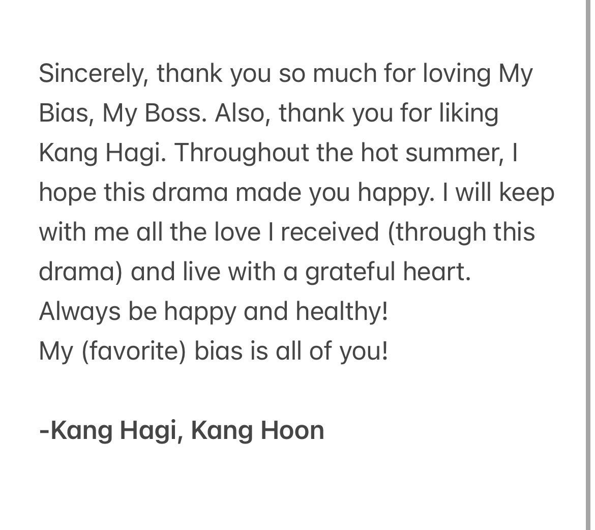beeerrrrnn's tweet photo. direct translation of kang hoon oppa's final love letter 🤭 the last line sounds more affectionate than when translated btw! he said that we are all his favorite/bias (sounds exactly like the drama's title in korean; he just changed the 'employee' to 'everyone')😭 #MyBiasMyBoss https://t.co/VPaa5eOQjI