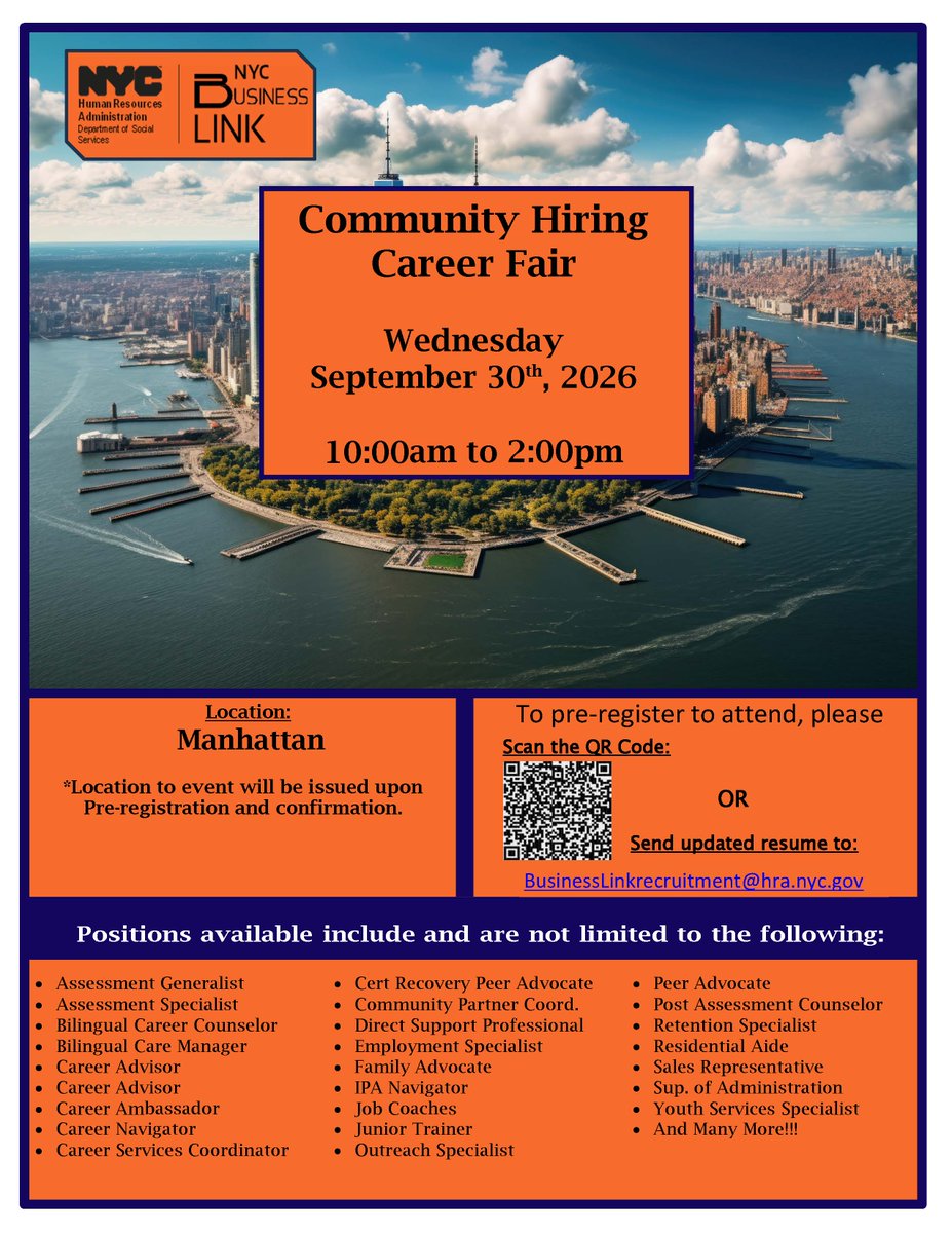NYCHRA's tweet photo. Hey, DSS Job Seekers! Join the NYC HRA Business Link Career Fair: Wed, Sept 30, 2026, 10 am-2 pm in Manhattan. Meet employers hiring for Outreach Crisis Coordinators, Housing Specialists, Case Managers, Security, Retail, and more. #NYCDSSCares https://t.co/jkD8meS05S