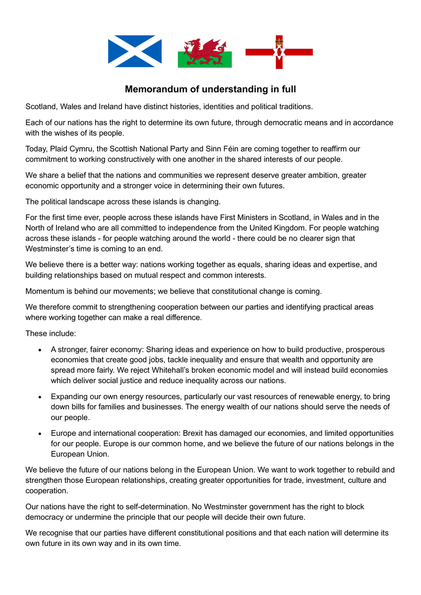 HusnuKanber's tweet photo. The SNP, Plaid Cymru and Sinn Féin announced a memorandum of understanding centred on the right to self-determination and a shared commitment to a future within the European Union. The three parties called on the UK government to prepare for constitutional change and facilitate democratic processes.