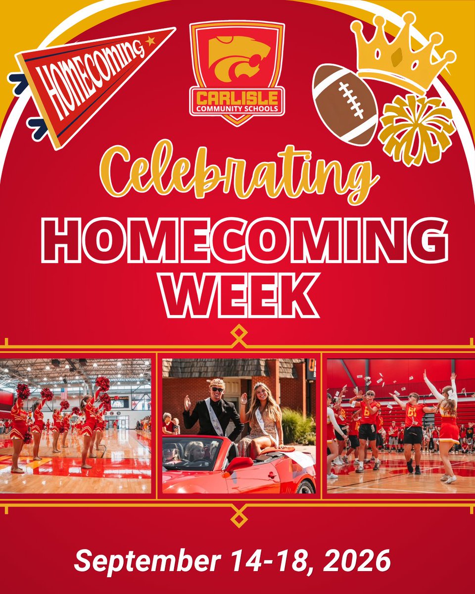 carlisle_csd's tweet photo. It’s Homecoming Week! 🎉🏈 

Get ready for a week filled with school spirit, community pride and plenty of opportunities to cheer on the Wildcats. Let’s make it a Homecoming Week to remember! https://t.co/MjVs1Kd6x4