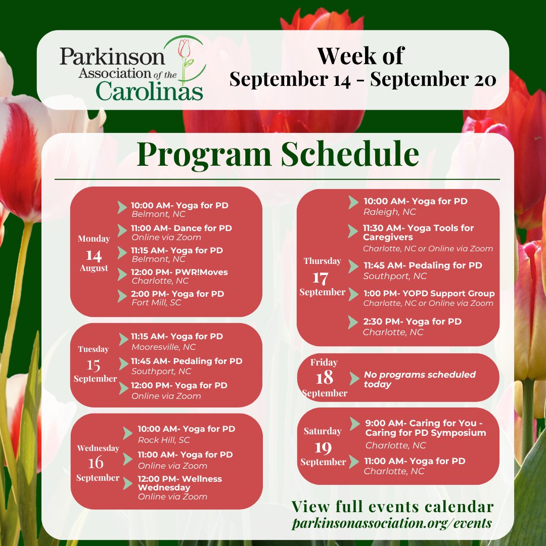 ParkinsonAssoc's tweet photo. PAC Programs | Sept 14–20

🧘‍♀️ Yoga for PD 
💃 Dance for PD
💙 PD Symopsium Sept 19
🚴 Pedaling for Parkinson’s
🧘 Yoga Tools for Caregivers

Full schedule: https://t.co/D5iiVAEBfo  

#MovingwiththePAC #LearningwiththePAC https://t.co/rlnoPbYEjZ
