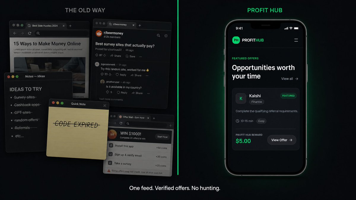 GetProfitHub's tweet photo. Twelve apps. Four Discord servers. A notes doc of codes that expired last week. That is what finding real offers used to look like, and most people are still doing it that way. Profit Hub replaced the hunt with a feed: live, verified offers, featured and ranked in one place. The https://t.co/nMpphF4NCA
