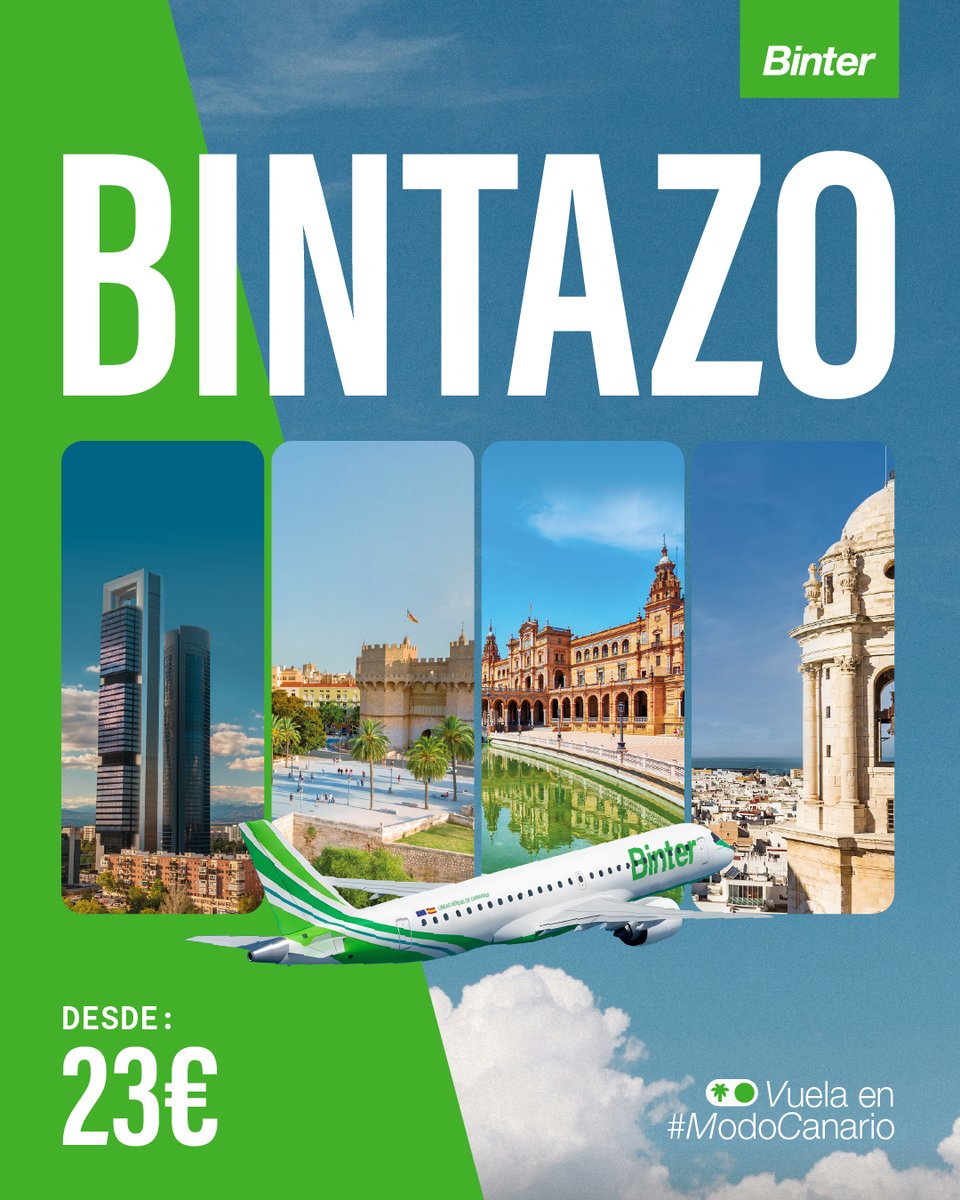 BinterCanarias's tweet photo. Tenemos muchos destinos a los que puedes volar, pero ahora... ¡también puedes hacerlo con descuentos increíbles! Descubre Valencia, Jerez-Cádiz, Sevilla o repite ese viaje a Madrid que tanto disfrutaste. Aprovecha ahora los precios del Bintazo a todos nuestros destinos y experimenta el auténtico #ModoCanario de volar.

🛒Desde solo 23€*
📅Compra del 14 al 28 de septiembre
✈️Vuela del 1 de noviembre al 31 de marzo 
⏱️Promoción válida hasta agotar plazas

Reserva tus billetes en https://t.co/o6oYv2e74t

#VuelaConBinter #Bintazo