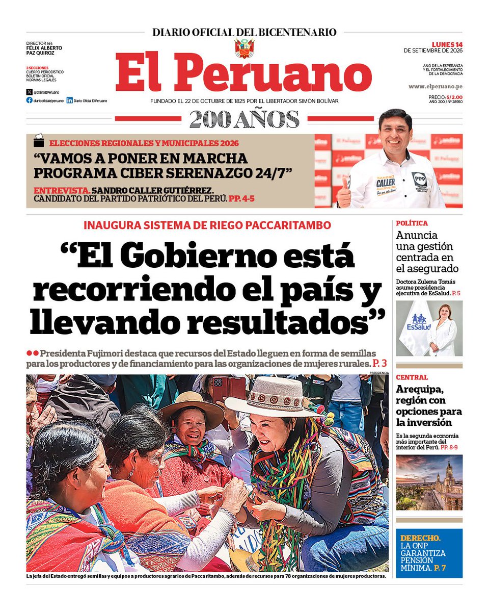 DiarioElPeruano's tweet photo. ☕️  ¡Buenos días! Esta es la portada del Diario Oficial El Peruano de hoy, lunes 14 de septiembre 2026 .

Revisa la edición digital aquí ▶ https://t.co/QQHUi8lxRE https://t.co/mhKqPo0Hqa