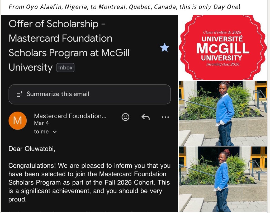Demo4show's tweet photo. Oluwatobi Deborah Agbeye (LinkedIn)

2023 - First Class, Food Science, LAUTECH ✅

2024 - Mastercard Foundation 💔

2024 - FIPDes Master program Waitlist 💔

2025 - Mastercard Foundation 💔

2026 - Mastercard Foundation McGill University, Canada🇨🇦✅

What changed ?

2025 - AFRAP 2025 Research Fellow ✅

2025 - World Food Forum Youth Rep ✅